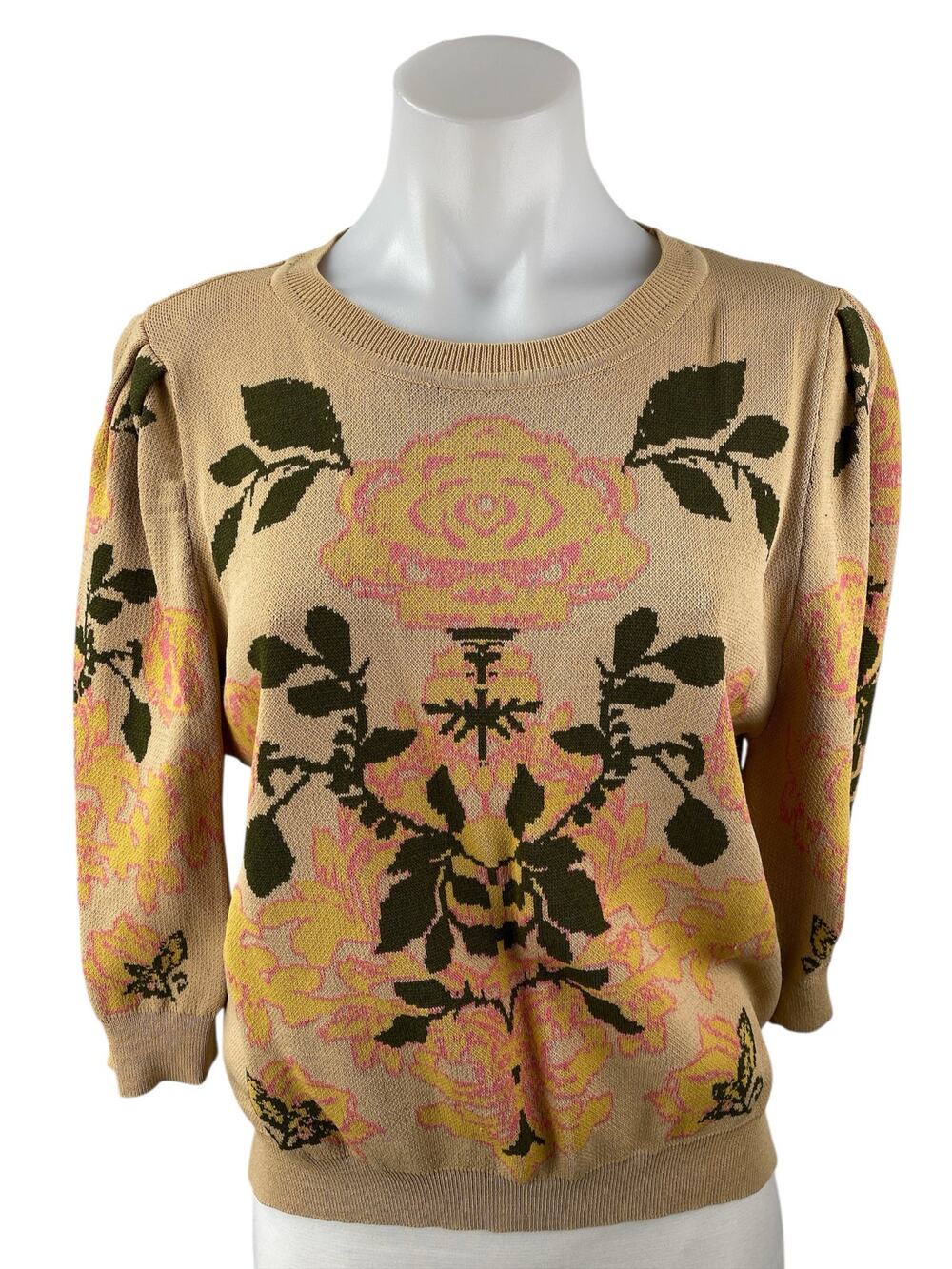 En Creme Women's Beige Tan Floral Long Sleeve Crew Neck Knit Sweater Top Sz M